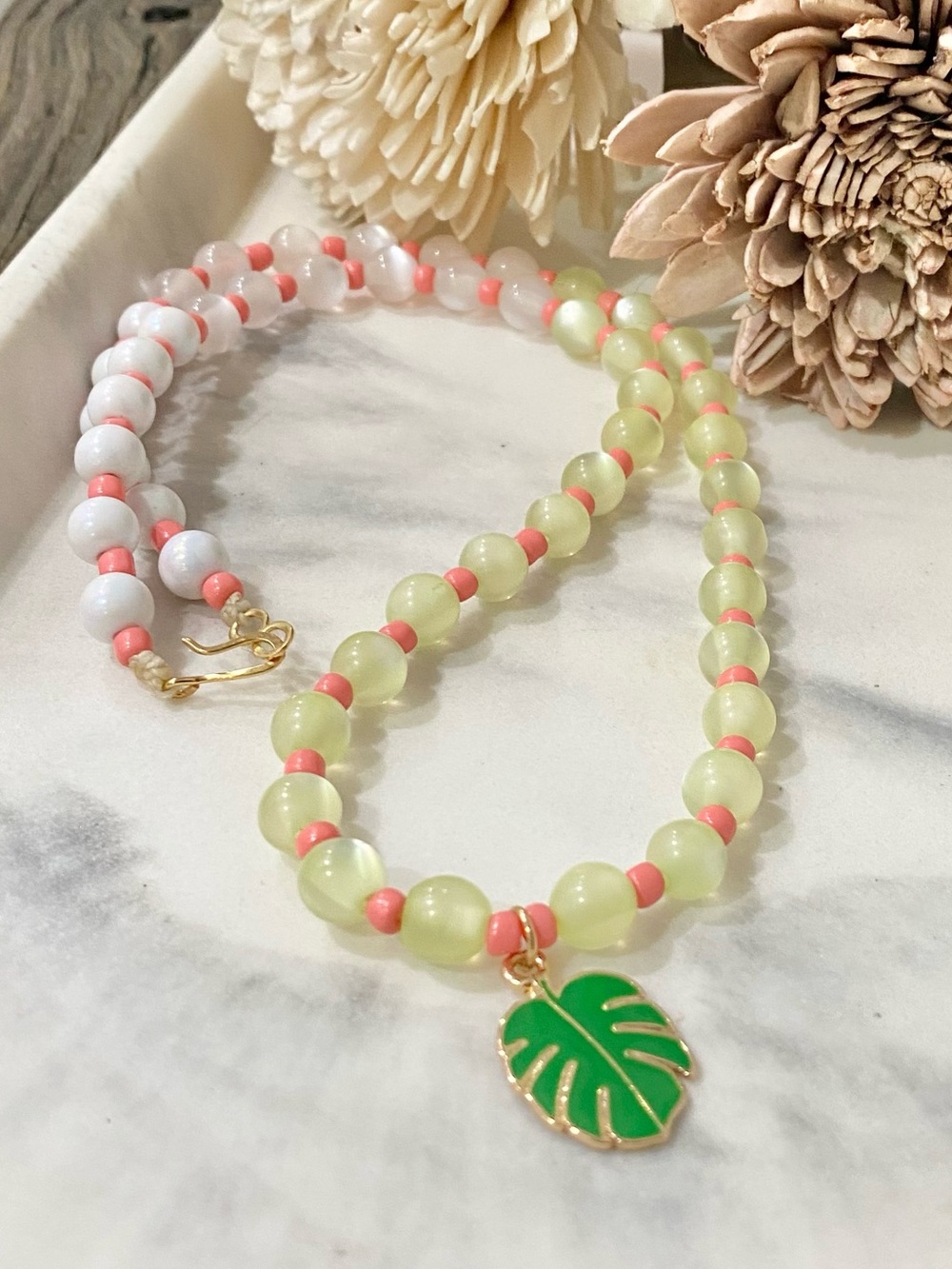 Colorful Bead Charm Necklace with Leaf Pendant